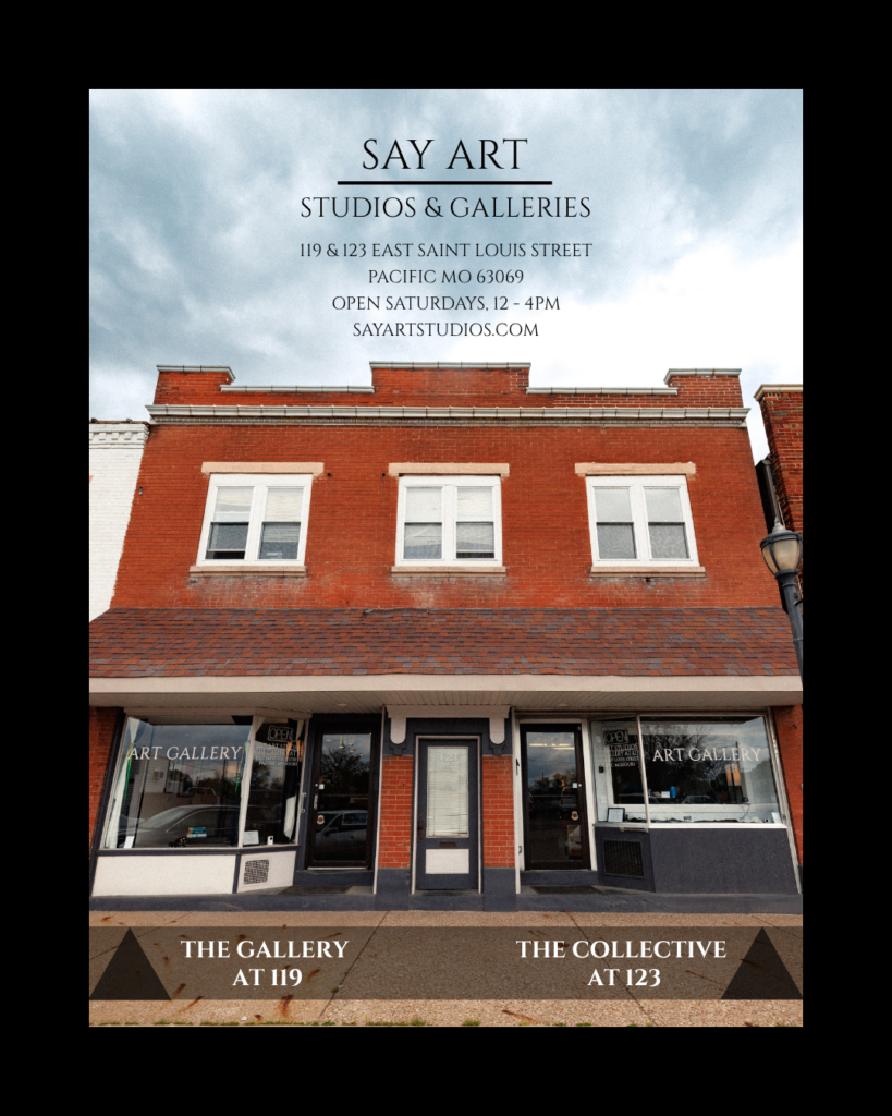 A photograph of an old style brick building, the front of the gallery, with the address superimposed on top.

119 E St Louis St, Pacific, MO 63069